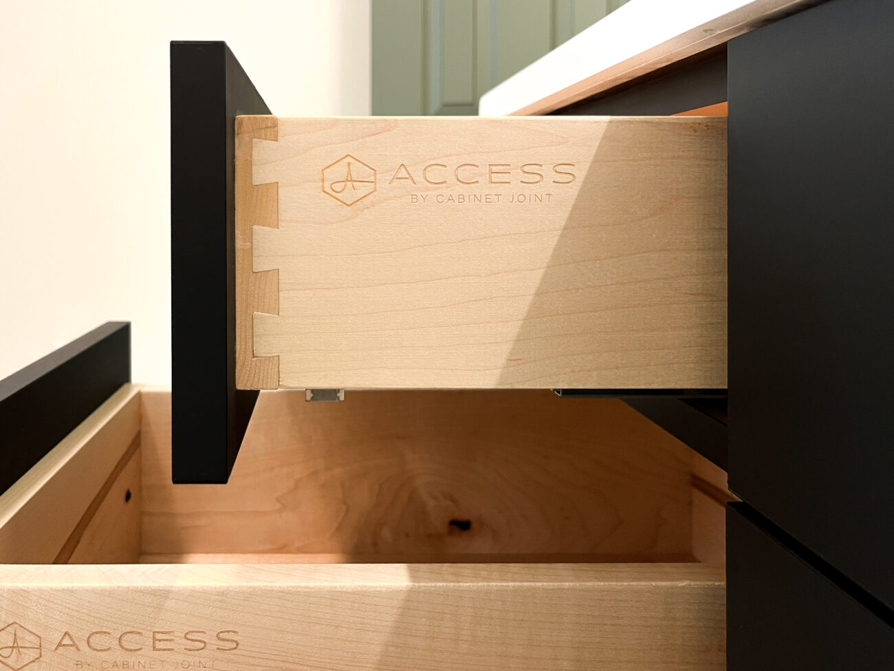 Minimalist floating vanity closeup of dovetail drawers