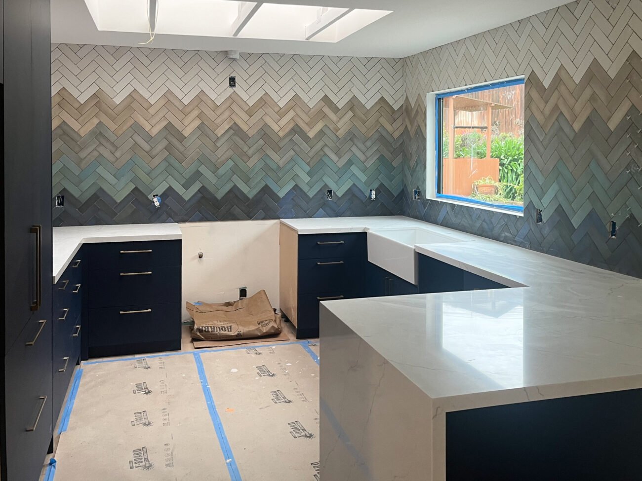 modern kitchen cabinet installation with colorful backsplash